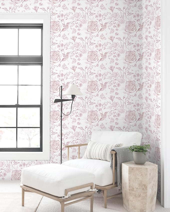 Yasinet Pink Floral Wallpaper Boho Peel and Stick Wallpaper Pink and White - Image 9