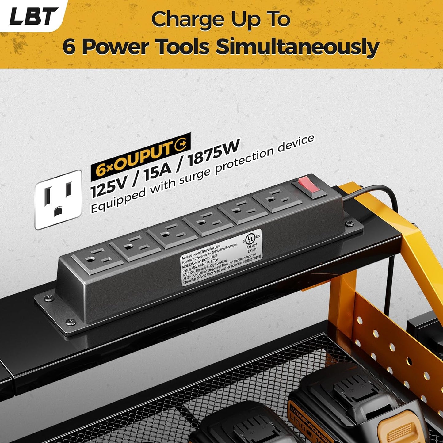 LBT Power Tool Organizer With Charging Station,Patented,Heavy Duty Steel,6 Drilling Rig Sizes With Hooks And Screw Boxes,6 sockets,Easy To Install Garage Storage Rack,Great Gift For Men, Yellow