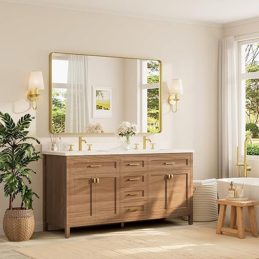 TETOTE 60 x 36 Inch Mirrors for Bathroom, Brushed Brass Gold Vanity Mirror - Image 2