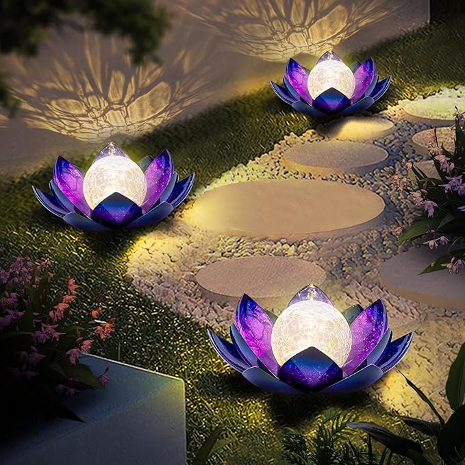 Huaxu Solar Lights for Outdoor Decor, Purple Lotus Flower Light, Waterproof LED Crackle Globe Glass Lamp for Garden, Patio, Yard, Porch, Pathway, Ground, Tabletop Christmas Gifts for Mom,Women