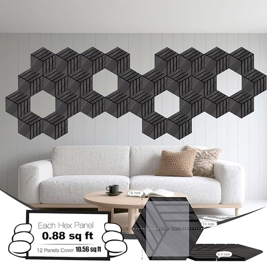 Mollywell Acoustic Panels, PVC Wood-Grain, 14x12 Inch Hexagon Carved Sound - Image 2