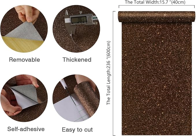 CHIHUT Dark Brown Glitter Wallpaper Peel and Stick Sparkle Glitter Contact - Image 8