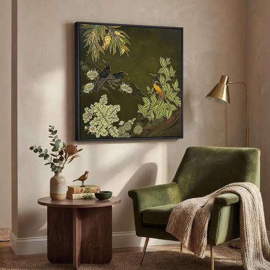 Framed Green Wall Art, Vintage Botanical Flower Bird Nature Canvas Prints - Image 2