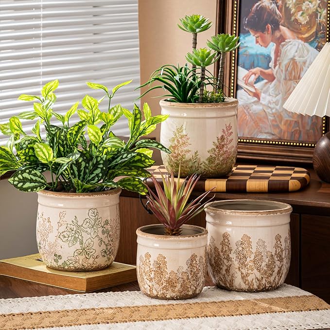Set of 2 Ceramic Planters for Indoor Plants, 4.7+5.7 Inch Vintage Pots without Drainage Hole , Pastoral Rustic Planter Set, Decorative Ceramic Plant Pots for Flower, Indoor Planter Pots for Home Decor