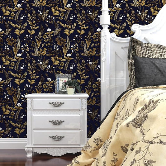 Extra Long Dark Navy Vintage Floral Wallpaper 17.5In x 393In Boho Peelable - Image 2