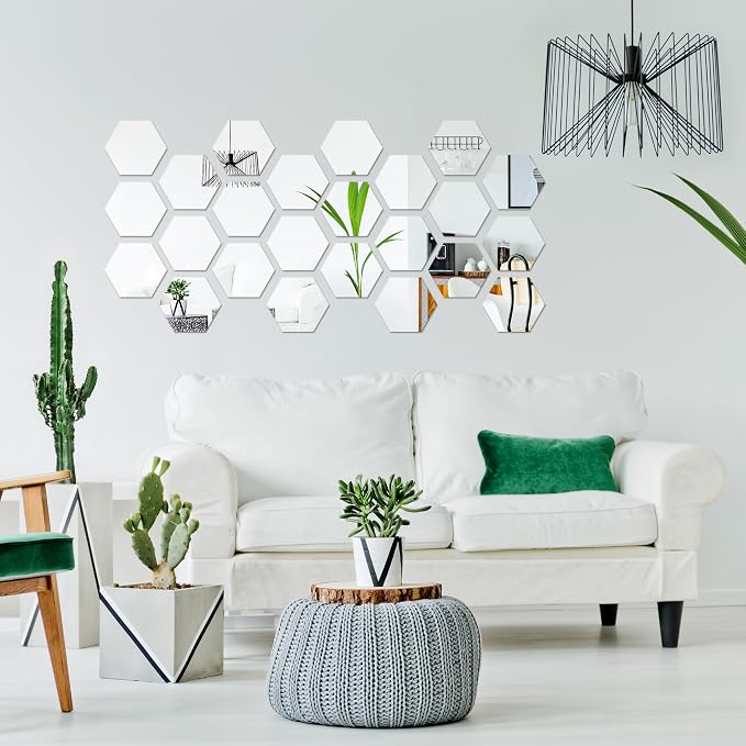 Shappy 32 Pcs Hexagon Mirror Wall Stickers Removable Silver Acrylic Mirror - Image 7