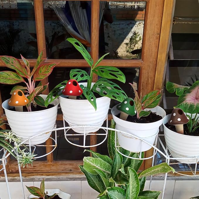 Peohud 8 Pack Self Watering Spikes Mushroom Shaped, Terracotta Plant Watering Globes, Cute Watering Device, Automatic Irrigation Spikes for Indoor Outdoor Potted Plants