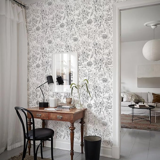 JiffDiff Peel and Stick Wallpaper Black and White Floral Wall Paper 17.3" x - Image 2