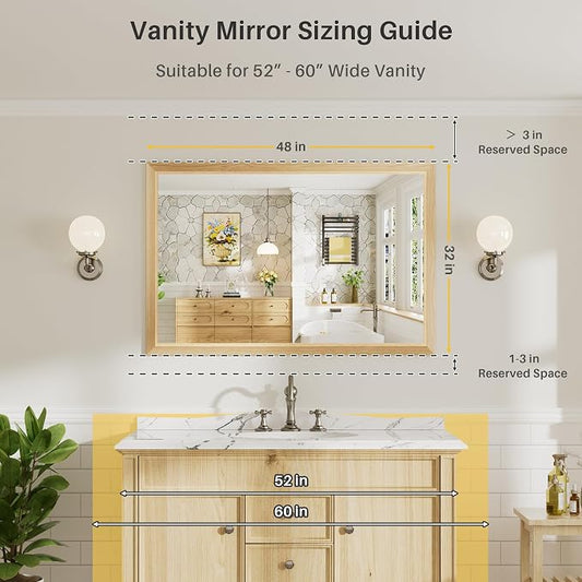 48x32 Inch Bathroom Mirror for Wall, Anti-Rust Oak Wood Grain Metal Framed - Image 2