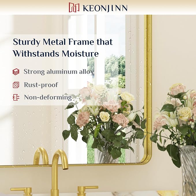 Keonjinn Gold Bathroom Mirrors for Wall 20 x 30 Inch Rounded Rectangle Gold - Image 9