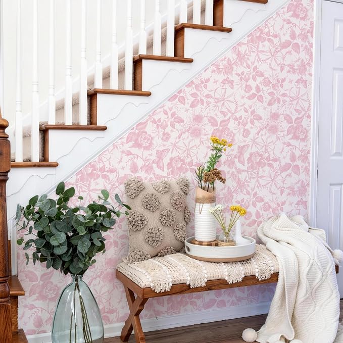 JiffDiff Floral Vintage Wallpaper Peel and Stick,Pink Rose Wallpaper Removable - Image 7