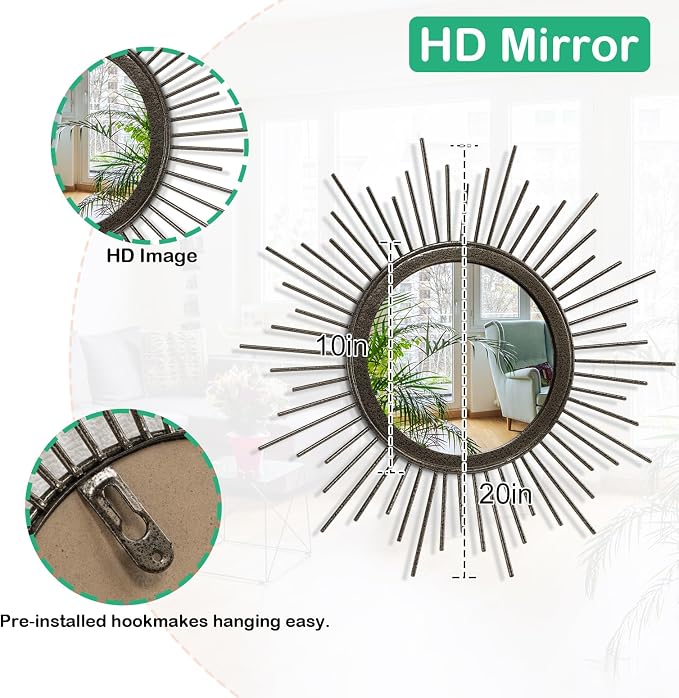 Sunburst Spoked Large Wall Mirror Boho Home Circle Art Mirror Modern Metal - Image 7