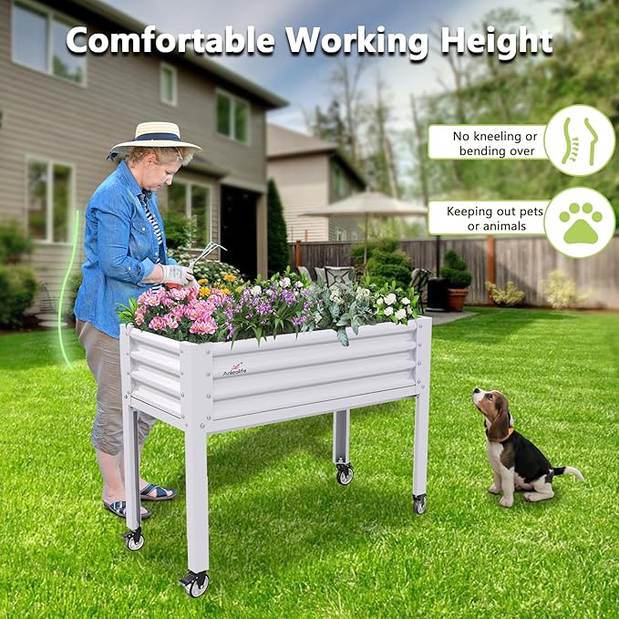 A ANLEOLIFE 2-Set Galvanized Raised Garden Bed with Legs,48x24x35in Large Elevated Planter Box on Wheels with Drainage Holes for Backyard, Balcony, Patio, 600lb Capacity, Antique White