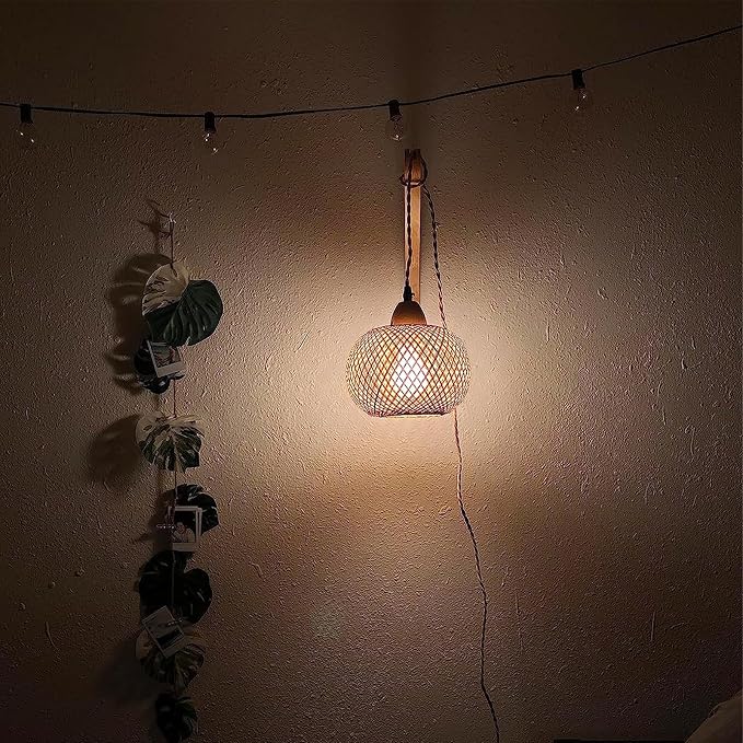 Frideko Bamboo Lantern Plug in Wall Sconces Wicker Wall Lamp - Image 8