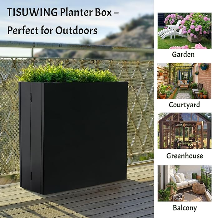 Metal Rectangular Planter, 35.5"x 10"x 28" Black Planter Box for Outdoor, Easy Installation Galvanized Steel Planter with Drainage Holes, Outdoor Planter for Porch/Patio/Garden