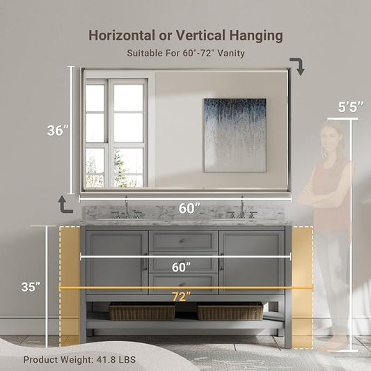60 x 36 Brushed Nickel Bathroom Mirror, Beveled Framed Rectangle - Image 2