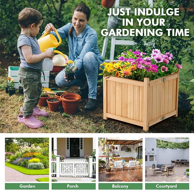 S AFSTAR Outdoor Wooden Planter Box, Folding Raised Garden Bed W/Drainage Hole, Patio Square Plant Container for Flowers, Vegetables, Fruits, Herbs, Collapsible Planting Box for Yard, 15" x 15" x 14"