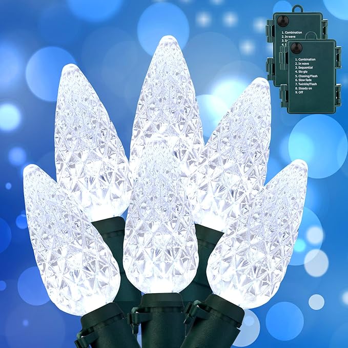 C6 LED Christmas String Lights, 20 ft 60 LED Battery Operated Faceted Strawberry Lights, Waterproof for House Roof Roofline Christmas Tree, White, 2 Pack