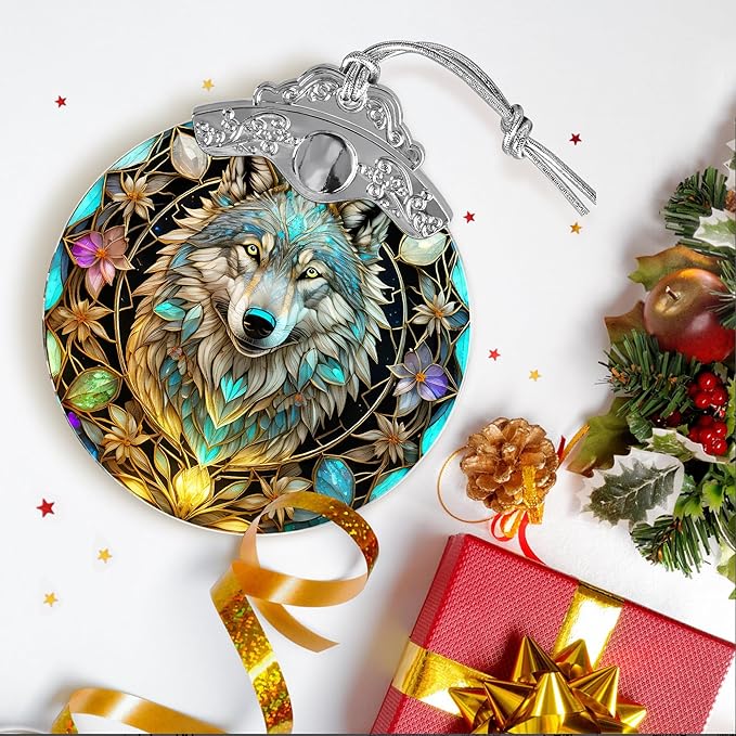 Stained Glass Suncatcher Hanging Ornament, Wolf Decor for Home, Christmas Ornament