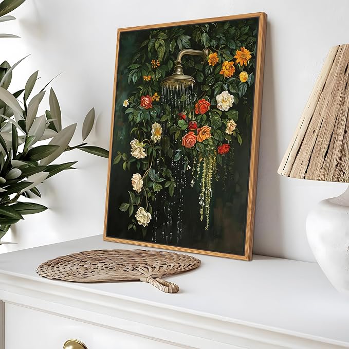 Floating Framed Floral Shower Wall Art, Vintage Botanical Flower Canvas Print - Image 9