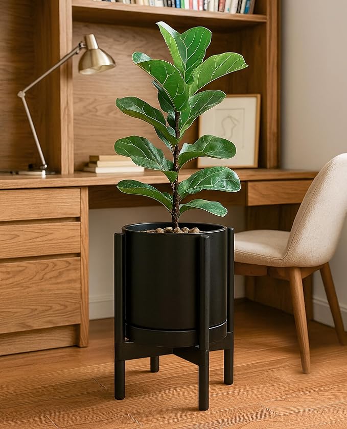 D'vine Dev Ceramic Planter with Ebony Stand - 10 Inch Modern Round Flower Pot with Wood Planter Holder, Black, 55-B-L-2