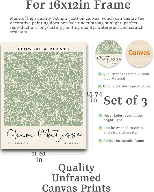 HesenDot Matisse Sage Green Wall Art Set of 3, William Morris Wall Art Decor - Image 2