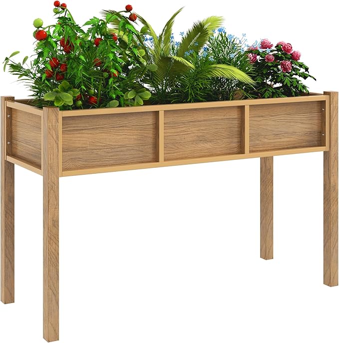 YITAHOME Raised Garden Bed, 47x18x31 Inch HIPS Poly-Wood Weather-Resistant Elevated Planter Box with Legs for Vegetable Flower, Brown
