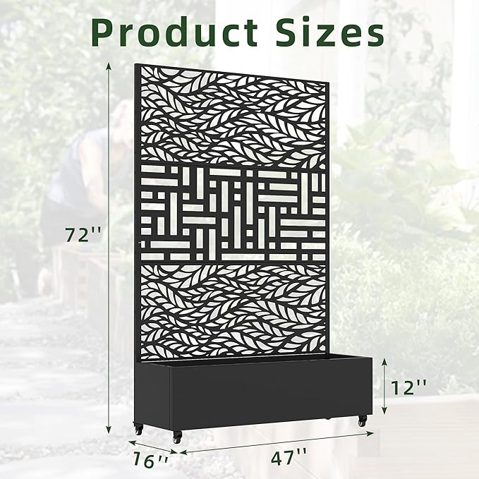 Casaphoria Metal Raised Garden Bed with Trellis and Wheels, 72"x47"x16" Planter Box for Climbing Plants, Vegetables & Vines, Features Drainage Holes and Privacy Screen, Black(Spring&Helen)