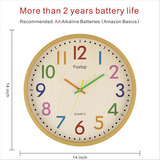 Foxtop 14 Inch Kids Wall Clock Silent Non-Ticking Battery Operated Colorful - Image 2