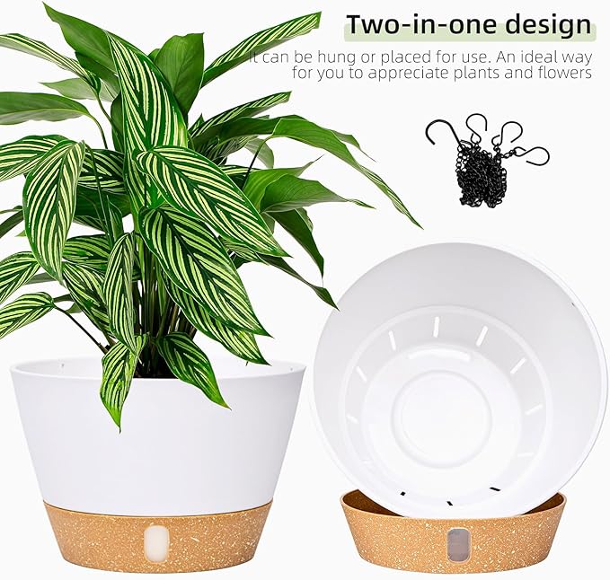 QCQHDU 2 Pack Hanging Planters for Indoor Outdoor Plants, 10 Inch Hanging Baskets Flower Pots with Reservoir Tray & Visible Water-Level