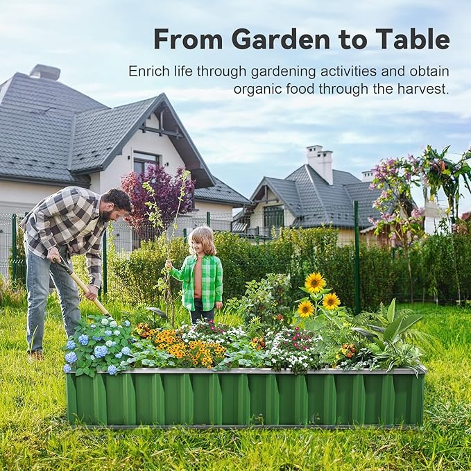 KING BIRD Raised Garden Bed 101" x 36" x 12" 4 Installation Methods for DIY Galvanized Steel Metal Planter Kit Box with 2 Pairs of Gloves (Green)