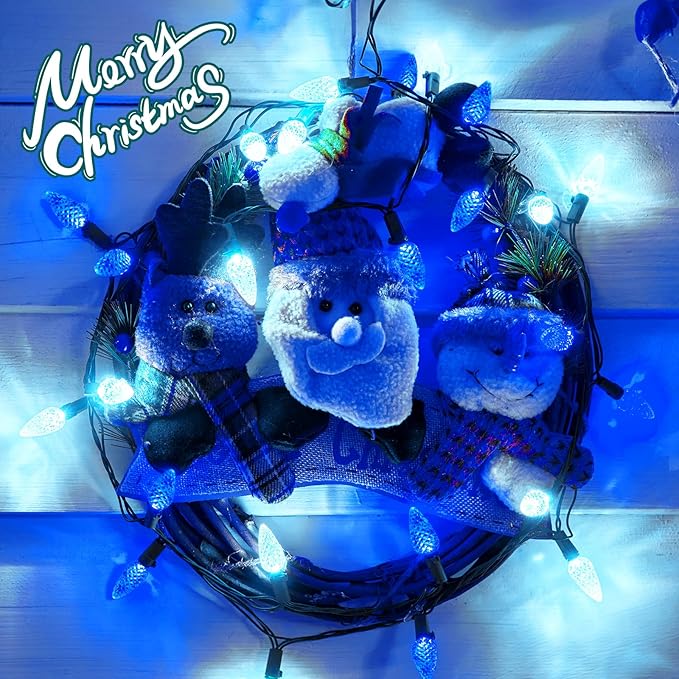 Brightown C6 LED Christmas String Lights - 2 Pack Each 20ft 60LED Battery Operated Strawberry String Lights with Timer and 8 Light Modes for Christmas Trees Wreaths, Indoor Xmas Decor, Blue and White