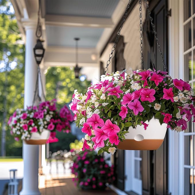 Set of 2-8 Inch Hanging Planters for Indoor Plants with Self-Watering Includes Hanging Pots for Plants, Outdoor Hanging Plant Pot with Drainage, and 2 Types of Hanging Baskets Hangers (White)