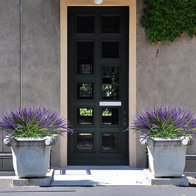 Uieke 12 Bundles Artificial Outdoor Plants UV Resistant Fake Grass Plants Faux Plastic Plants Greenery Shrubs for Home Garden Pathway Window Box Front Porch Cemetery Spring Summer Decor, Purple