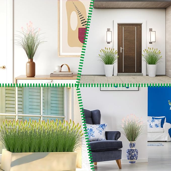 Artificial Grass Plants Outdoor 24 Bunches Fake Onion Grasses with Plush Fake Shrubs Plant Flowers Faux Greenery Wheat Sea Grass for Outside Garden Indoor House Home Office Room Décor (Green & Red)