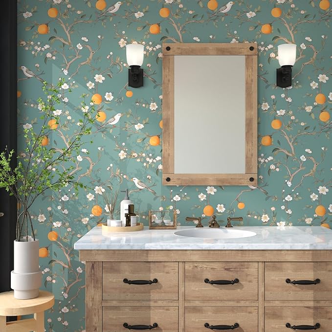 Green Floral Wallpaper Peel and Stick, Birds & Orange Fruits Contact Paper - Image 10