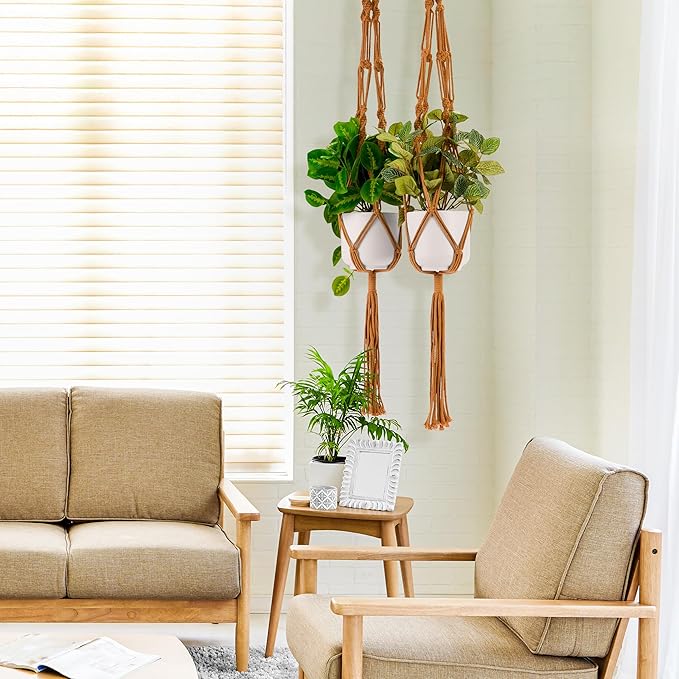 Sorbus Macrame Plant Hanger (6 Pack) Indoor Outdoor Hanging Plant Pots Cotton Rope, Elegant for Home, Patio, Garden (Brown)