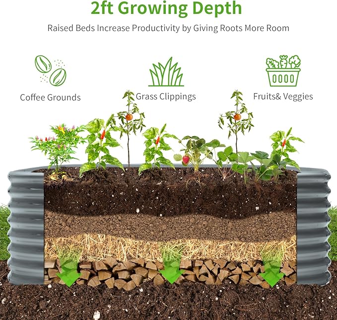 Land Guard 24“ Tall 4×2ft Galvanized Raised Garden Bed Kit, Galvanized Planter Garden Boxes Outdoor, Oval Large Metal Raised Garden Bed for Vegetables(Modern Gray, 4×2×2ft)