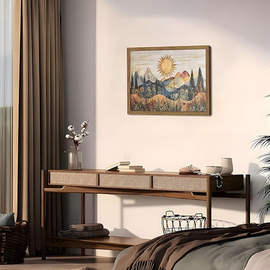 Framed Boho Sun Canvas Wall Art, Modern Abstract Mountain Landscape Painting - Image 2