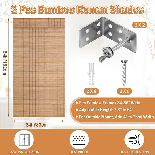 2 Pcs Cordless Bamboo Roman Shades - Image 2