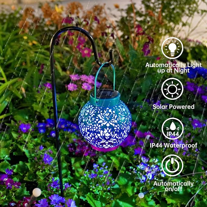 2 Pack Outdoor Solar Hanging Lantern Lights Metal LED Decorative Lamp for Garden Patio Courtyard Lawn and Table with Hollowed-Out Design (Royal Purple)