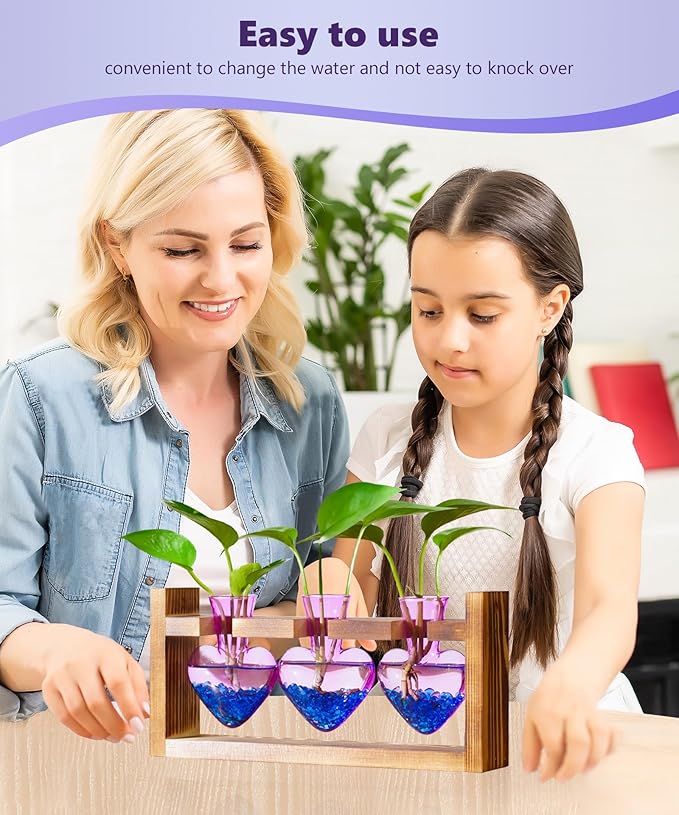 Nacome Plant Terrarium for Office Decor: Birthday Gifts for Plant Lovers Women Mom Wife - Wooden Stand Tabletop Planter 3 Bulb Glass Vase Heart Shaped for Hydroponics Indoor Home(Purple)