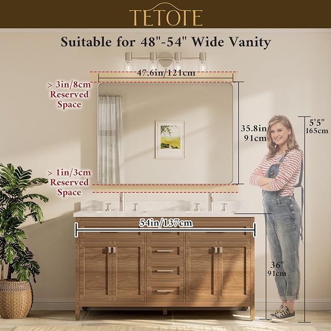 TETOTE 48 x 36 Inch Gold Bathroom Mirror, Champagne Gold Brushed Metal Framed - Image 8