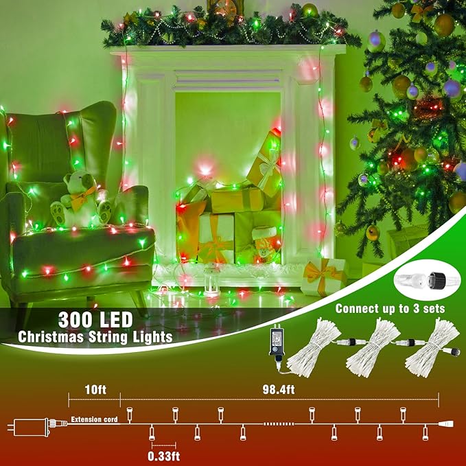 300 LED Christmas Lights Outdoor - 99ft Extra Long Christmas String Lights 8 Modes Plug in Waterproof Fairy Lights with Timer Memory for Indoor Outside Bedroom Home Party Decoration, Red&Green