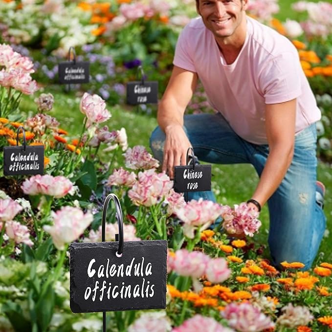 FORUP Plant Labels, 10pcs Garden Markers Signs Labels, Weatherproof Reusable Natural Slate Hanging Tags on Stainless Steel Metal Rod for Flower Bed, Pots, Planters