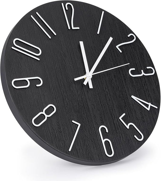 Wall Clock 12 Inch Silent Non-Ticking Imitation Wood Indoor Clock Round Black - Image 2