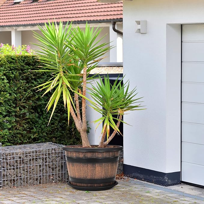 Quarut Large Plastic 3 Pack16 inch Plant Pots,Whiskey Barrel Planters with Drainage Holes & Saucer.Flower Pots Imitation Wine Barrel Design for Indoor & Outdoor Garden Balcony Plants.7 Gallons(Brown)