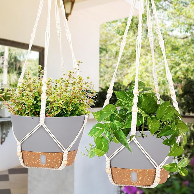QCQHDU 2 Pack Hanging Planters for Indoor Plants, Outdoor Hanging Baskets, Self Watering Pots with Drainage Holes & Removable Tray (Light Grey, 8 inch, Macrame Hanger)