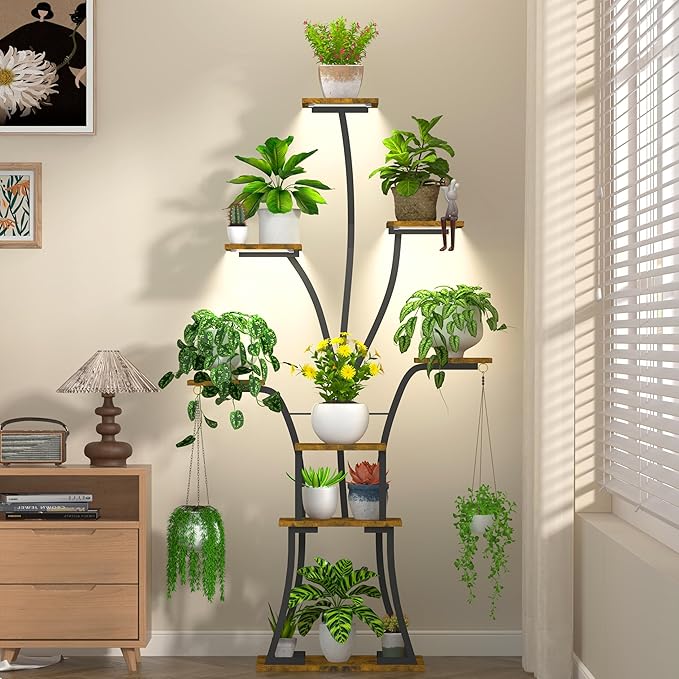 64" Tall 8 Tiered Plant Stand Indoor with Grow lights Large Tree Shape Decorative Rack Plant Pot Holder Gardening for Living Room Corner Black