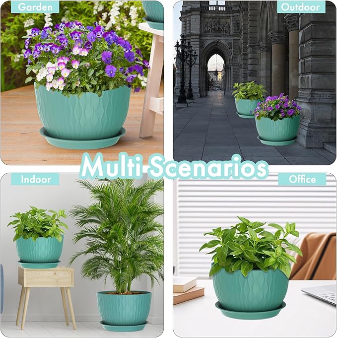 12 Inch Large Plant Pots for Indoor or Outdoor Plants, Wide Water Ripples Flower Pots with Drainage Holes & Saucer, Plastic Planters Set for Garden & Home Decor (Blue Green)